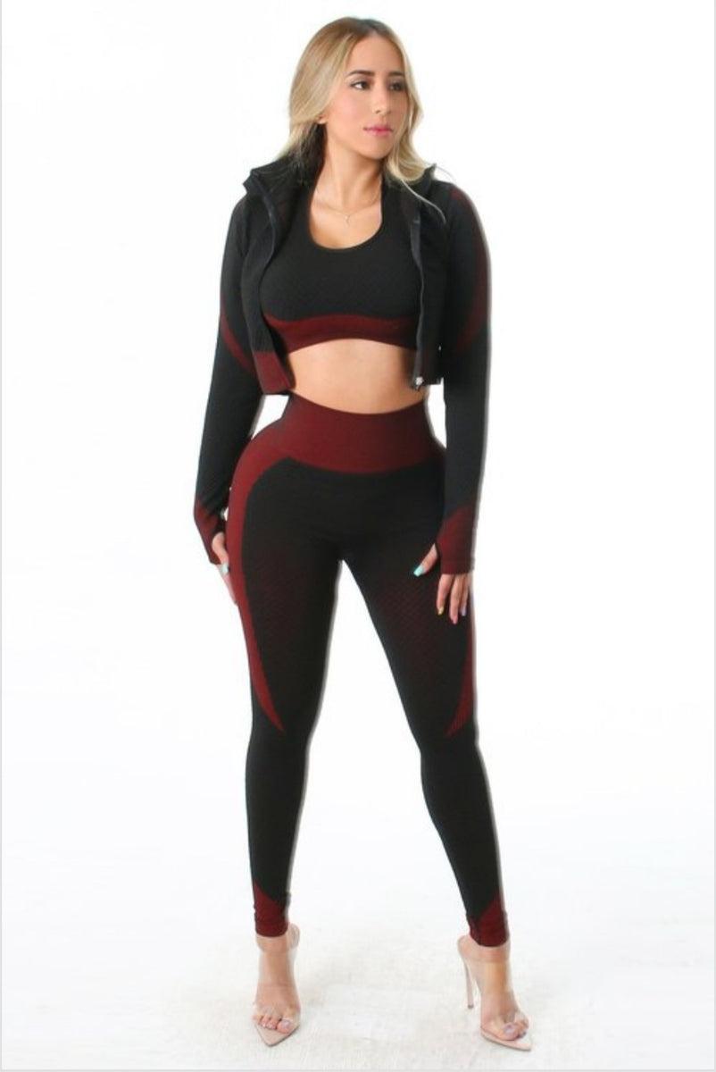 Women's three piece activewear set, red active wear sets