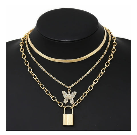 Layered butterfly & lock necklace