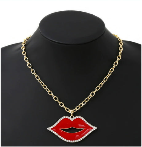 Rhinestone embellished  lip necklace