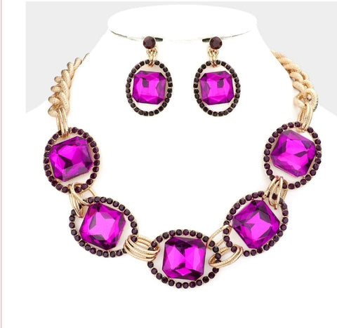 Pave trim glass crystal link necklace